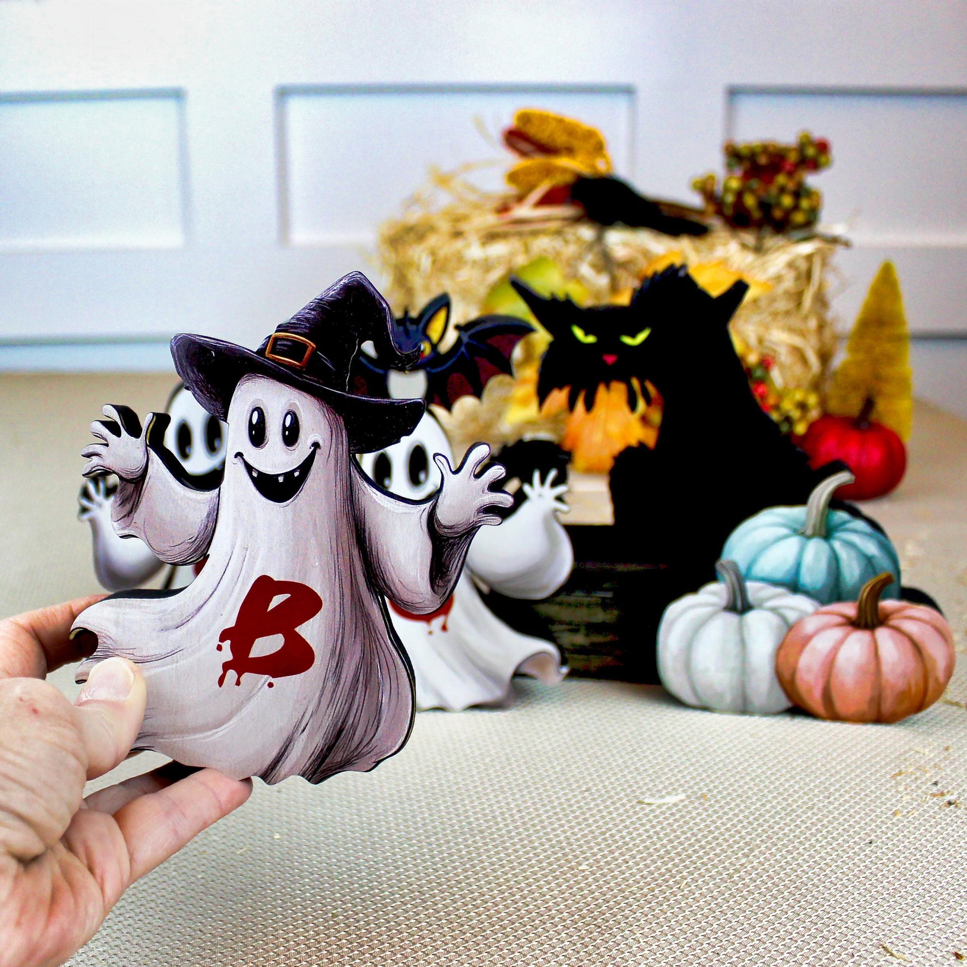 Boo Ghosts Shelf Sitters–Two Styles include 3 Ghosts with Black Cat & Pumpkins, Can Be Personalized, Playfully spooky and perfectly sweet