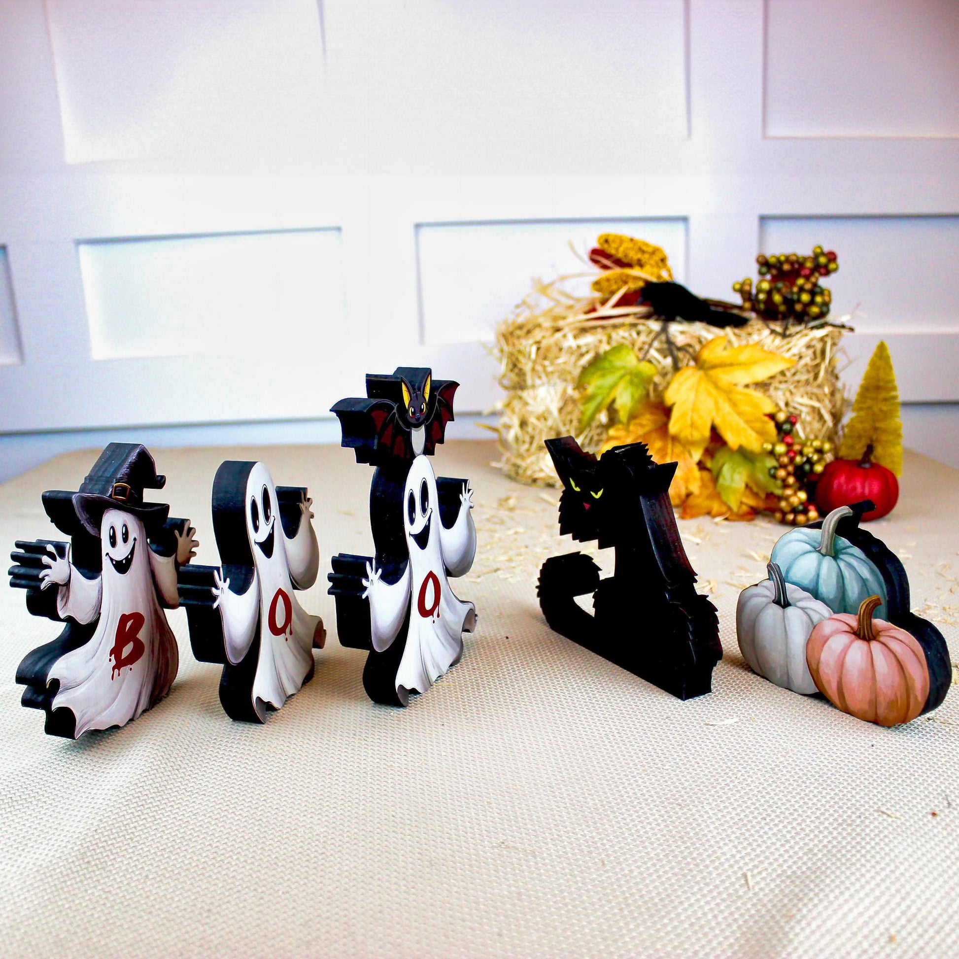 Boo Ghosts Shelf Sitters–Two Styles include 3 Ghosts with Black Cat & Pumpkins, Can Be Personalized, Playfully spooky and perfectly sweet