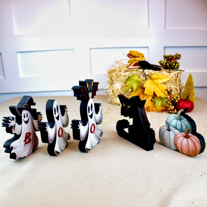 Personalized Boo Ghost Shelf Sitters: Halloween Decor with Cat & Pumpkins
