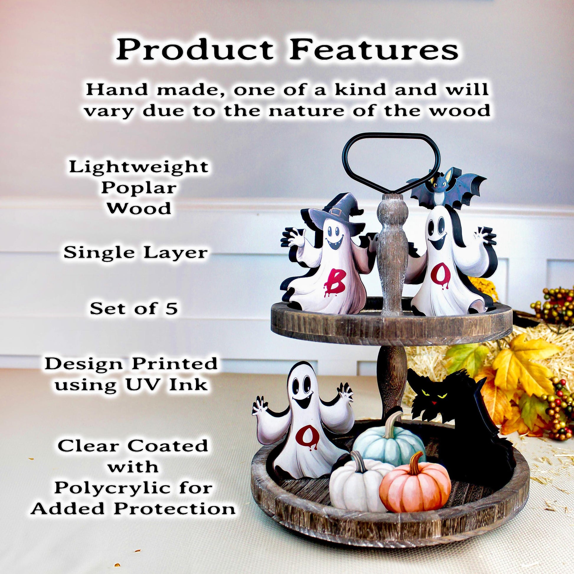 Boo Ghosts Shelf Sitters–Two Styles include 3 Ghosts with Black Cat & Pumpkins, Can Be Personalized, Playfully spooky and perfectly sweet