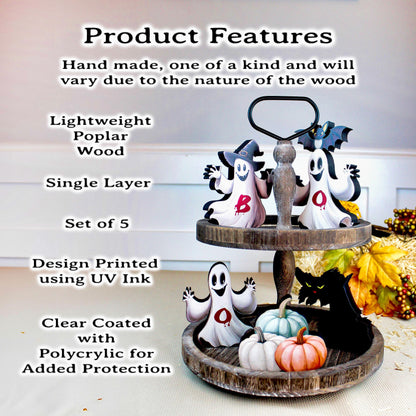 Boo Ghosts Shelf Sitters–Two Styles include 3 Ghosts with Black Cat & Pumpkins, Can Be Personalized, Playfully spooky and perfectly sweet