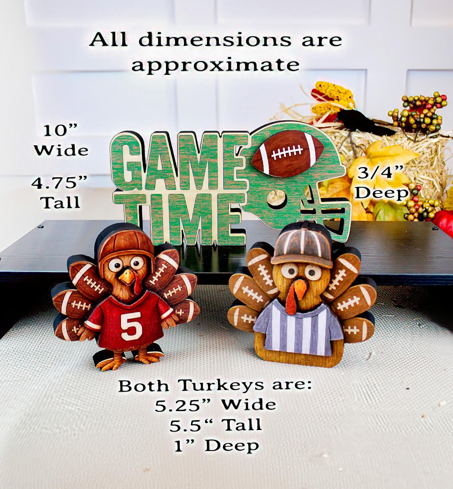 Football Turkey Shelf Sitter Set – “Game Time” Sign, Player & Referee, Personalized Jersey, Multi-Layered , a Touchdown of Team Spirit