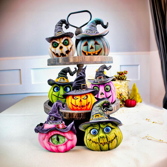 Witch Hats and Pumpkins Shelf Sitters – Set of 7 or Singles, Personalized, Multi-Layer Poplar & Pine Halloween Decor. A whimsical addition