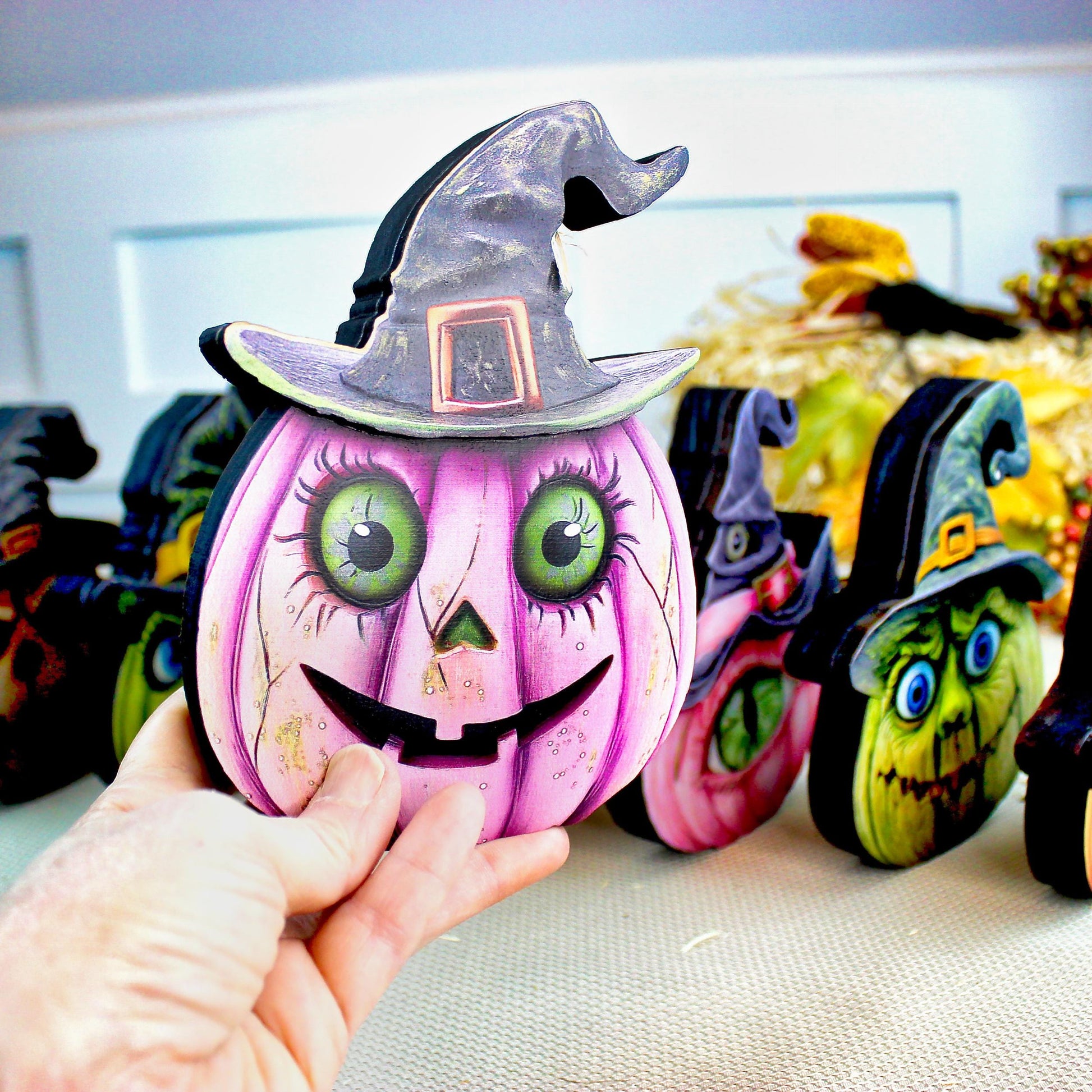 Witch Hats and Pumpkins Shelf Sitters – Set of 7 or Singles, Personalized, Multi-Layer Poplar & Pine Halloween Decor. A whimsical addition