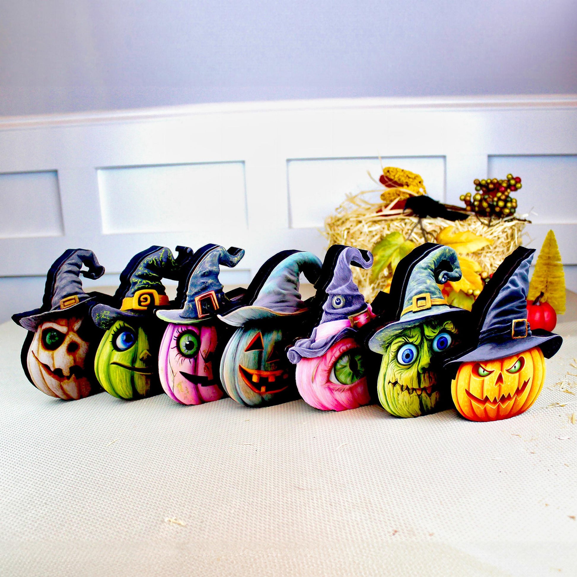 Witch Hats and Pumpkins Shelf Sitters – Set of 7 or Singles, Personalized, Multi-Layer Poplar & Pine Halloween Decor. A whimsical addition