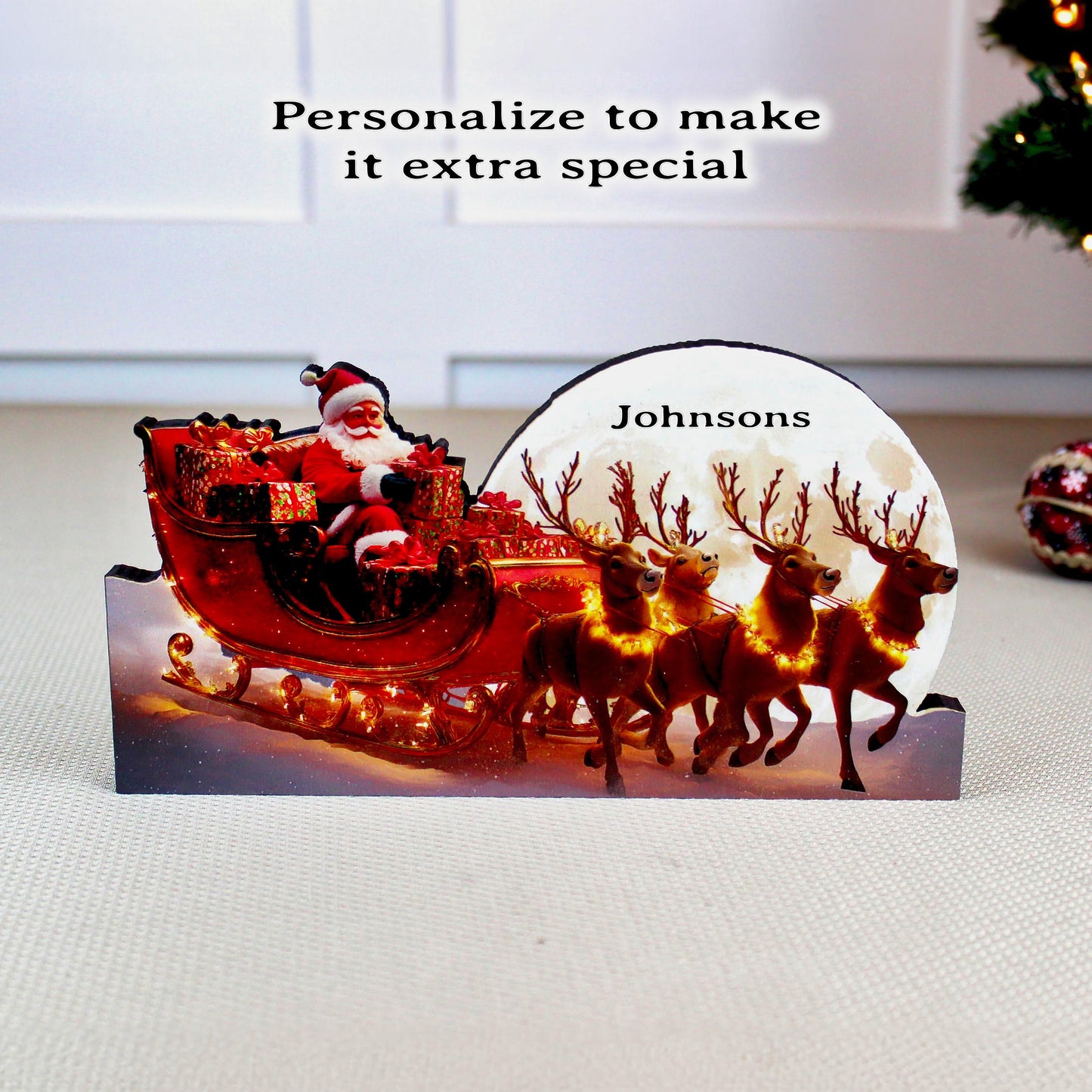 Santa Sleigh Shelf Sitter – Personalized Christmas Mantel Decor, Reindeer & Moonlit Scene. this sleigh scene brings instant Christmas wonder