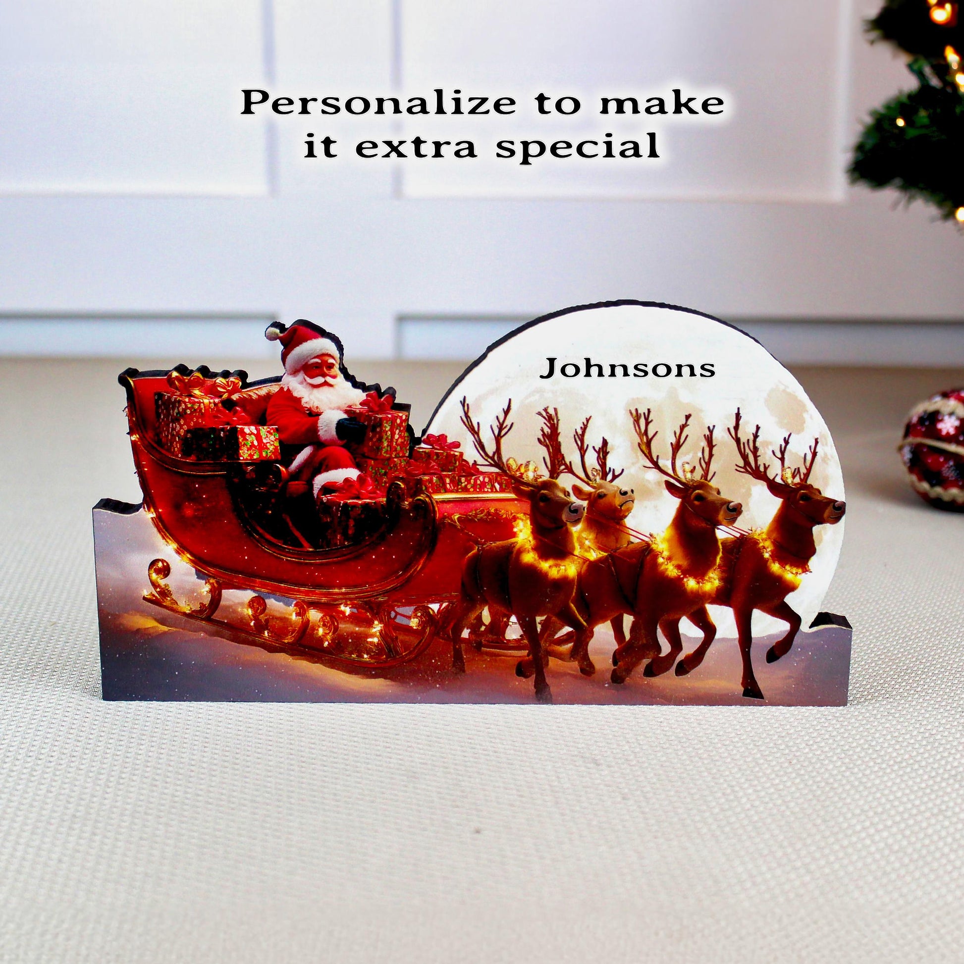 Santa Sleigh Shelf Sitter – Personalized Christmas Mantel Decor, Reindeer & Moonlit Scene. this sleigh scene brings instant Christmas wonder