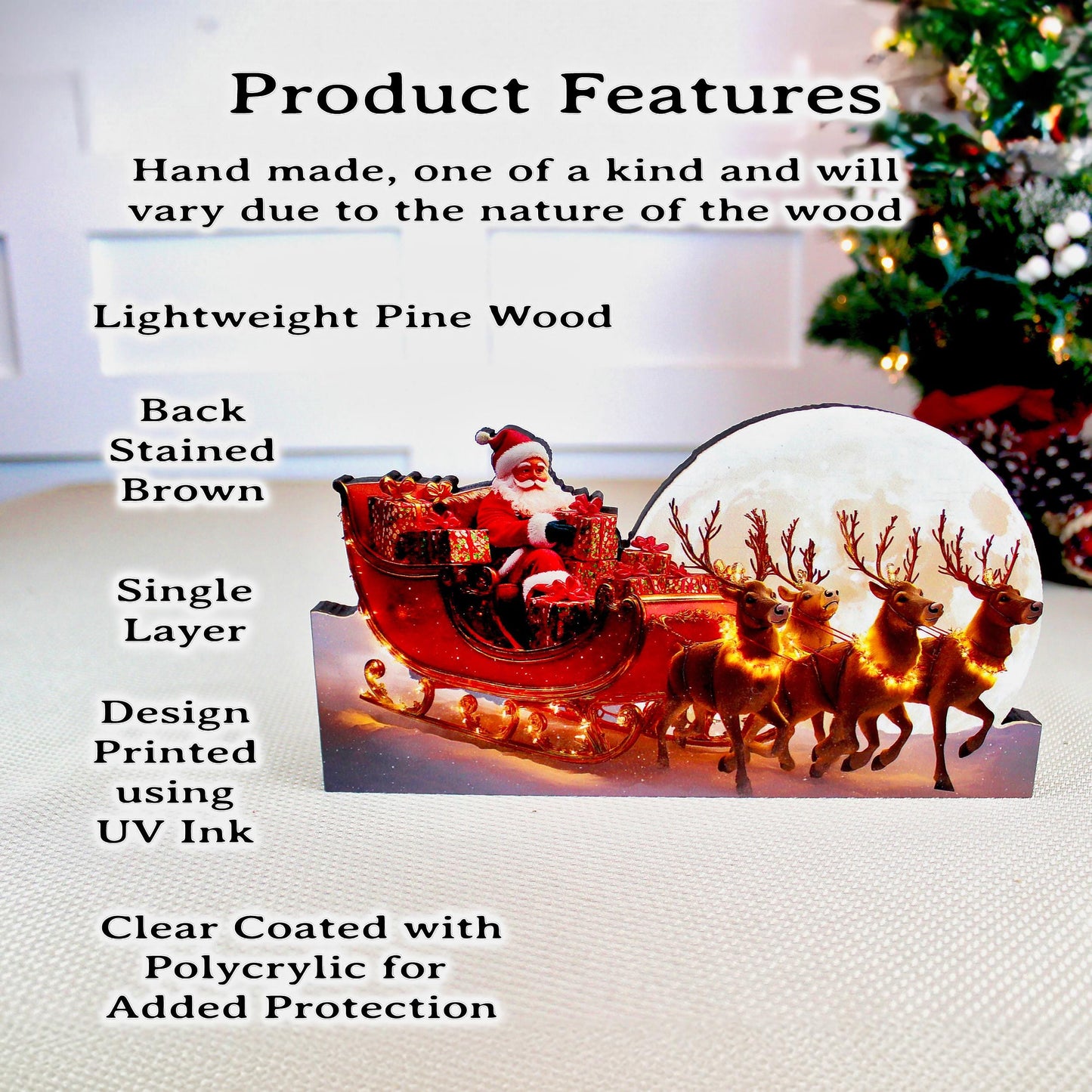 Santa Sleigh Shelf Sitter – Personalized Christmas Mantel Decor, Reindeer & Moonlit Scene. this sleigh scene brings instant Christmas wonder