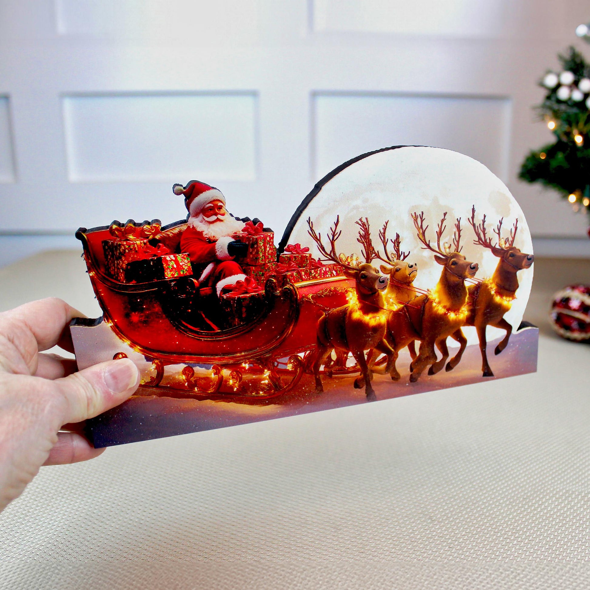 Santa Sleigh Shelf Sitter – Personalized Christmas Mantel Decor, Reindeer & Moonlit Scene. this sleigh scene brings instant Christmas wonder