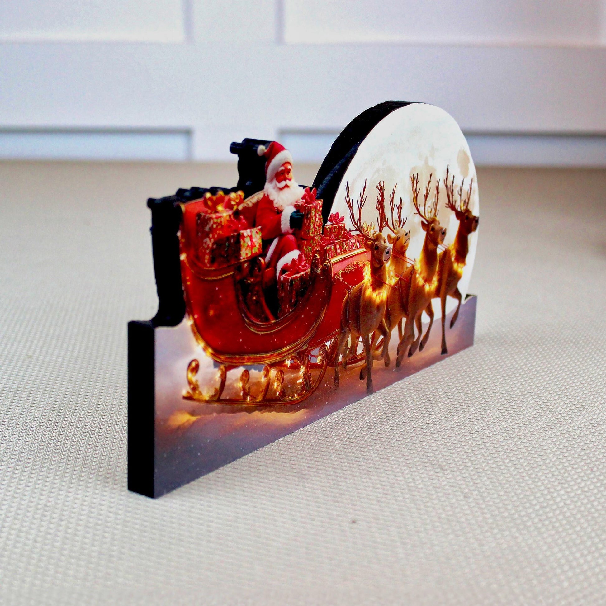 Santa Sleigh Shelf Sitter – Personalized Christmas Mantel Decor, Reindeer & Moonlit Scene. this sleigh scene brings instant Christmas wonder
