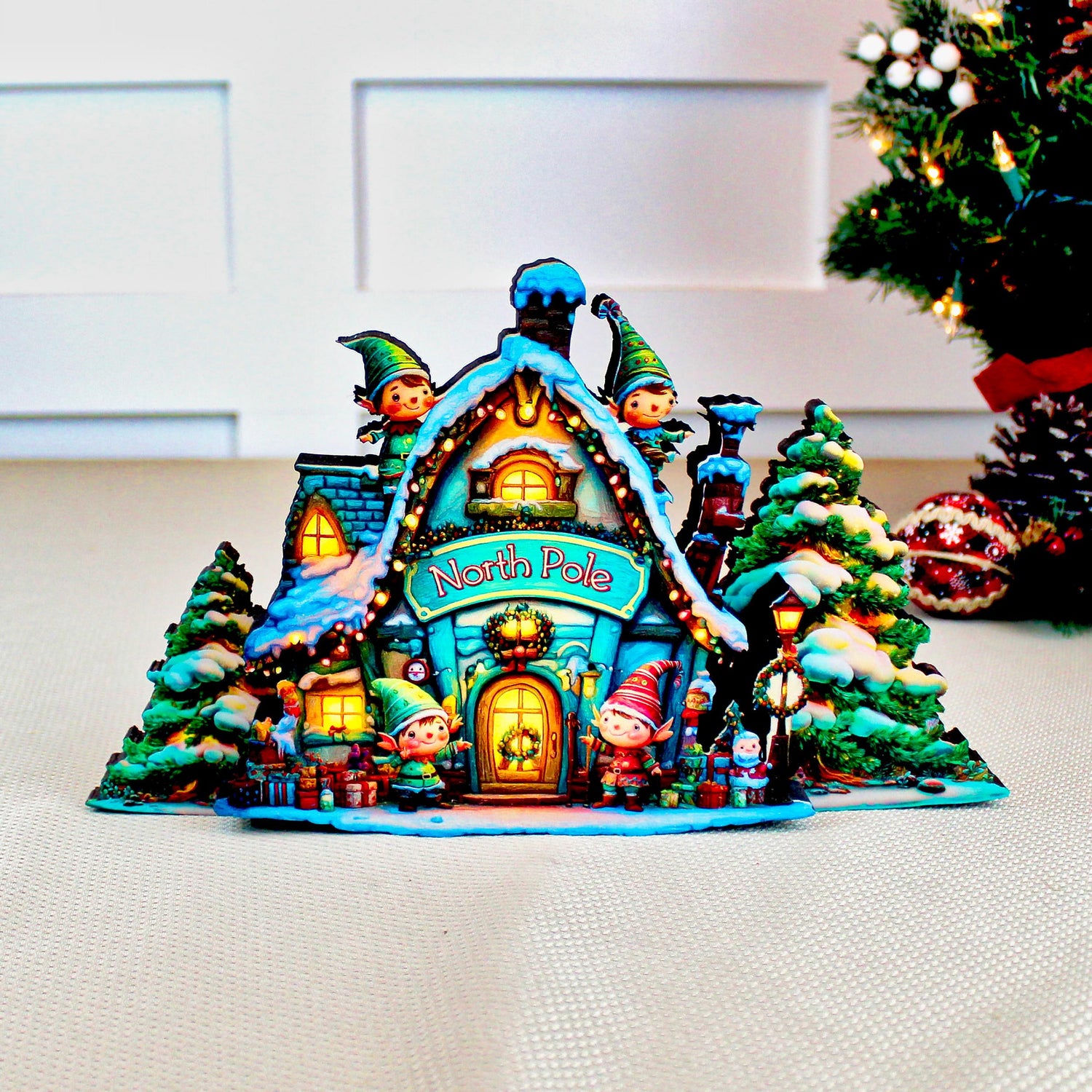 Santa’s North Pole Workshop Shelf Sitter – Personalized Multi-Layer Wooden Christmas Village Decor, Storybook Glow for Your Mantel