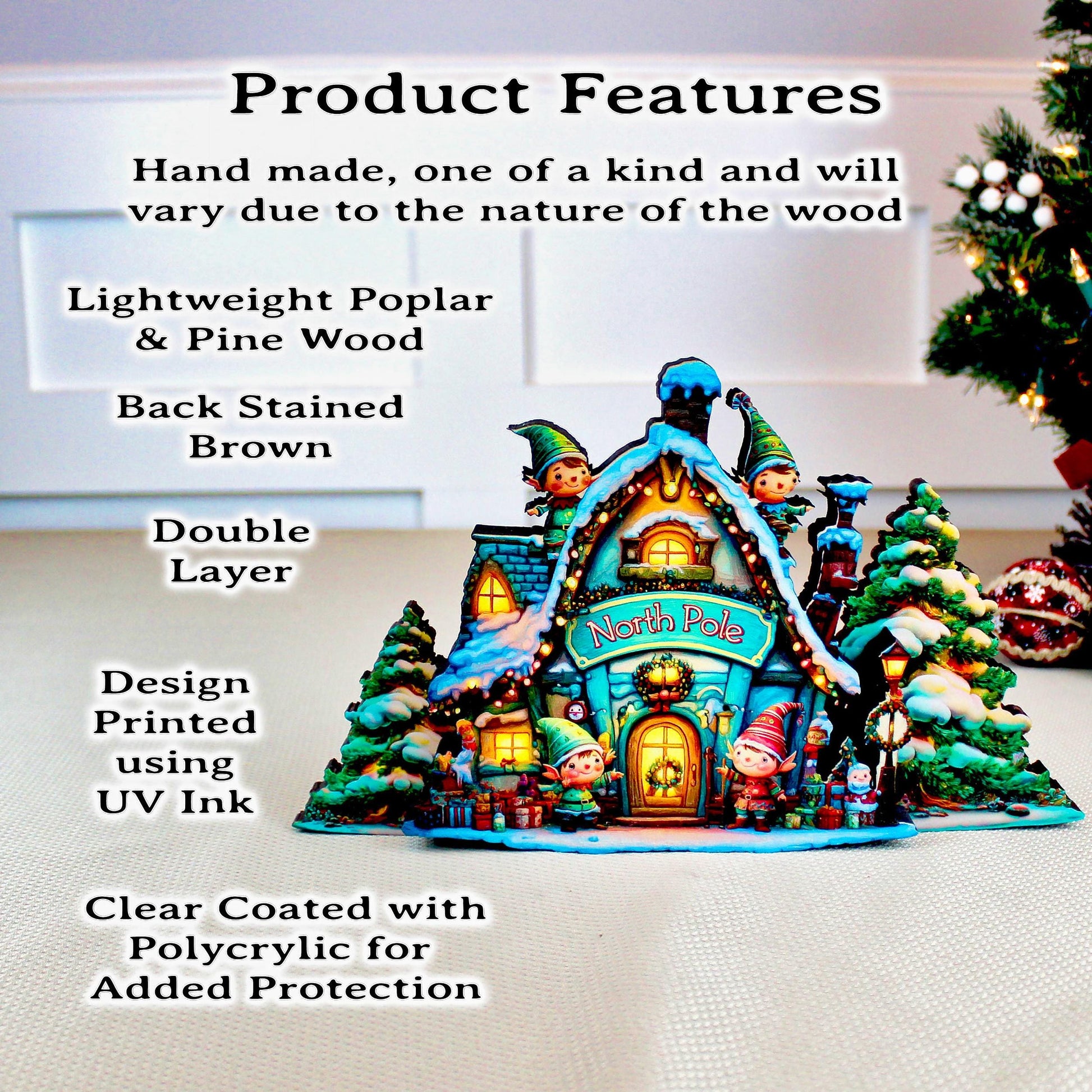Santa’s North Pole Workshop Shelf Sitter – Personalized Multi-Layer Wooden Christmas Village Decor, Storybook Glow for Your Mantel
