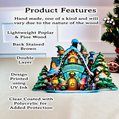 Santa’s North Pole Workshop Shelf Sitter – Personalized Multi-Layer Wooden Christmas Village Decor, Storybook Glow for Your Mantel