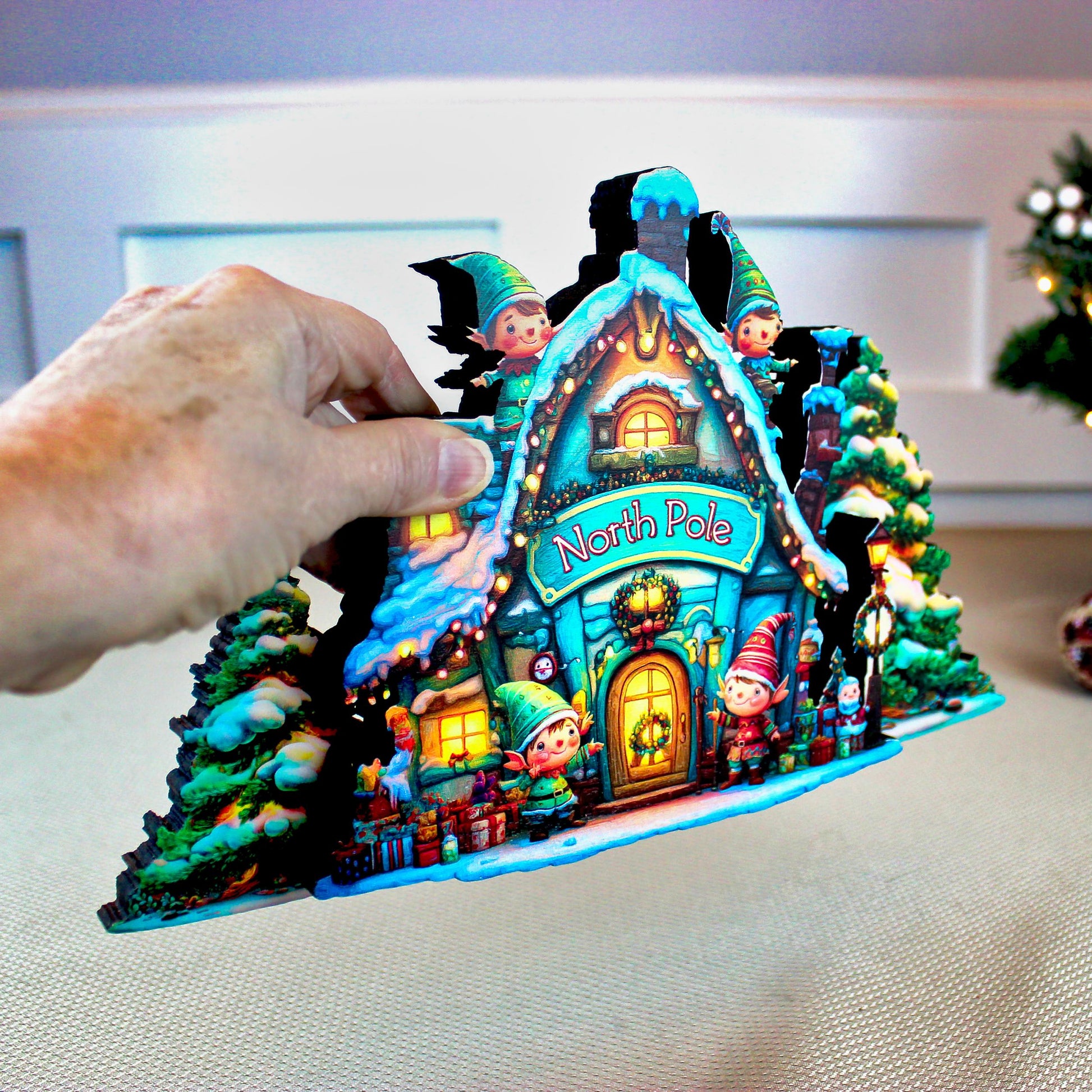 Santa’s North Pole Workshop Shelf Sitter – Personalized Multi-Layer Wooden Christmas Village Decor, Storybook Glow for Your Mantel
