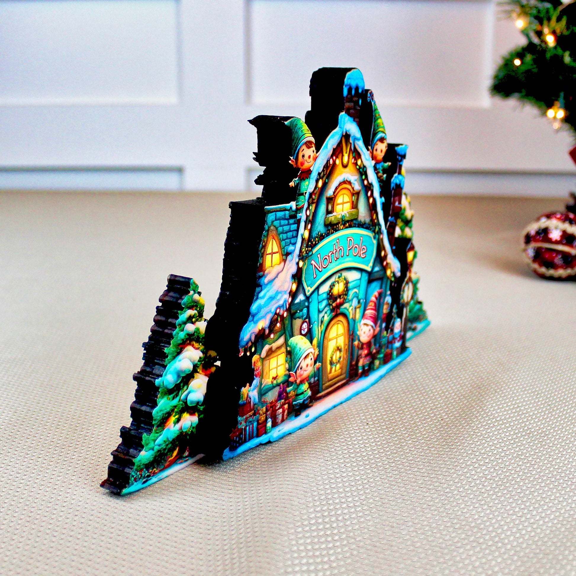 Santa’s North Pole Workshop Shelf Sitter – Personalized Multi-Layer Wooden Christmas Village Decor, Storybook Glow for Your Mantel