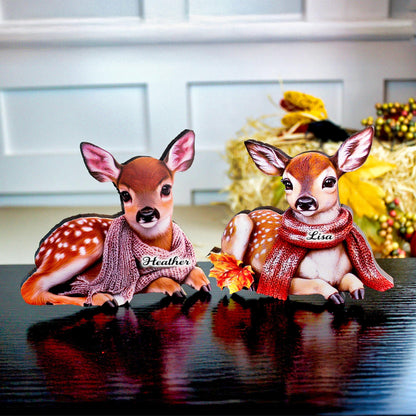 Personalized Baby Deer Shelf Sitters – Custom Unique Pastel Deer with Scarves with Fall Leaves, Whimsy, Warmth, and Charming and Elegant