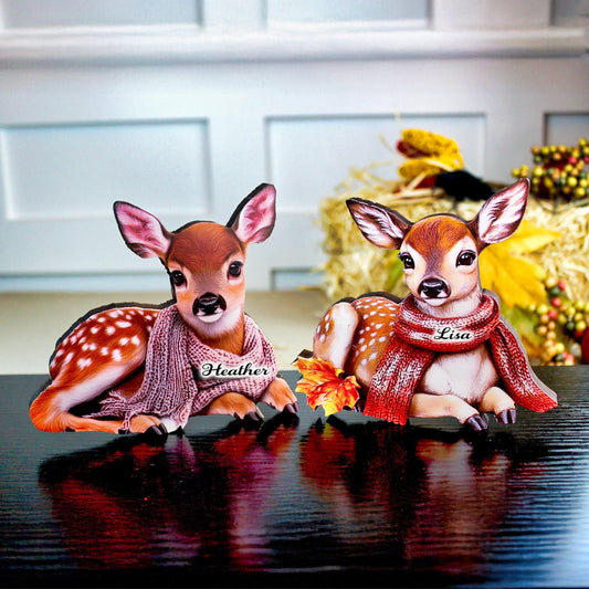 Personalized Baby Deer Shelf Sitters – Custom Unique Pastel Deer with Scarves with Fall Leaves, Whimsy, Warmth, and Charming and Elegant