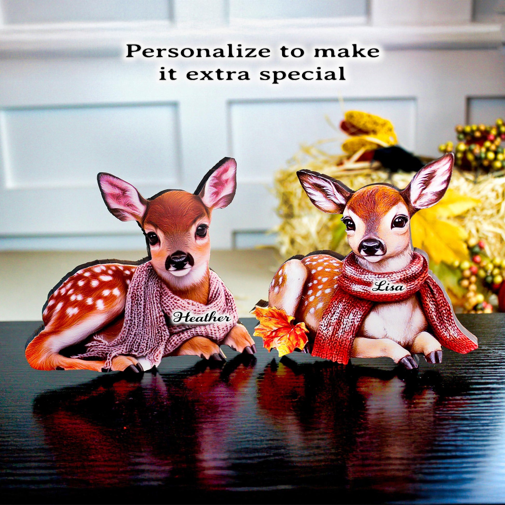 Personalized Baby Deer Shelf Sitters – Custom Unique Pastel Deer with Scarves with Fall Leaves, Whimsy, Warmth, and Charming and Elegant