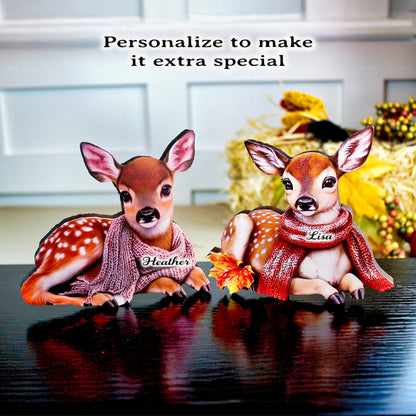 Personalized Baby Deer Shelf Sitters – Custom Unique Pastel Deer with Scarves with Fall Leaves, Whimsy, Warmth, and Charming and Elegant