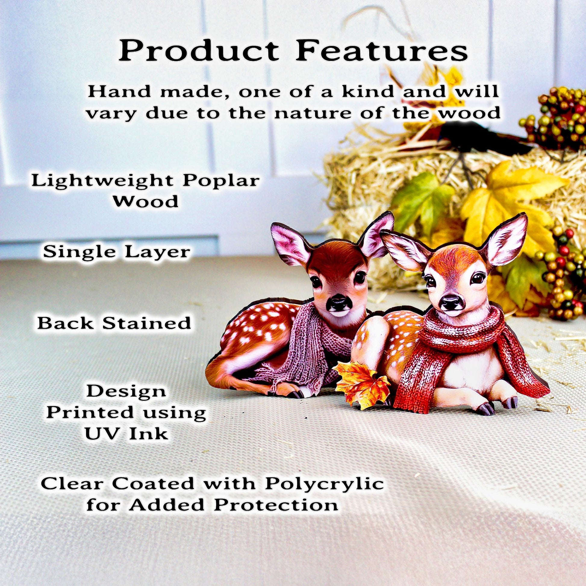 Personalized Baby Deer Shelf Sitters – Custom Unique Pastel Deer with Scarves with Fall Leaves, Whimsy, Warmth, and Charming and Elegant