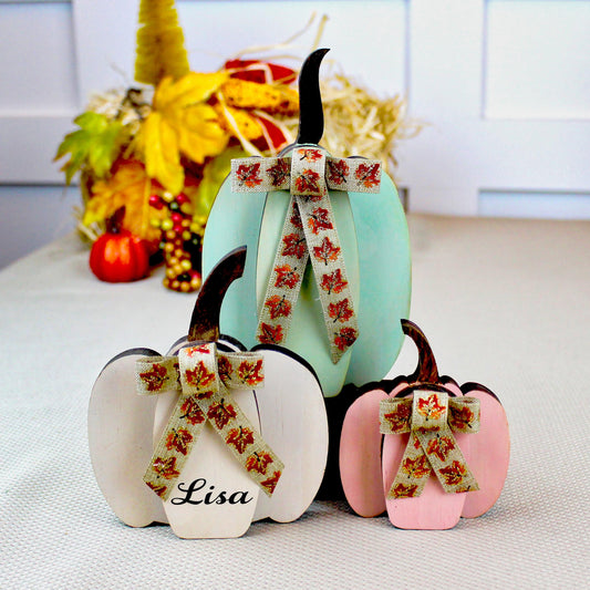 Set of 3 Pumpkin Shelf Sitters – Round or Straight Style, Personalized Fall Pumpkins, 1" Thick Wooden Mantel Decor, Soft, Cozy Autumn Charm