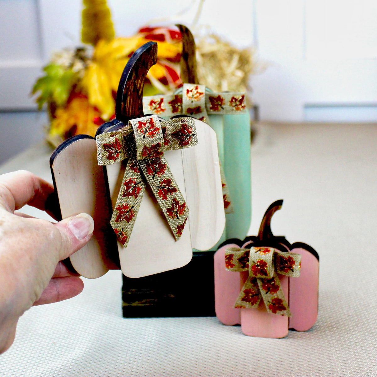Pumpkin Shelf Sitters - Set of 3 Wooden Fall Mantel Decor