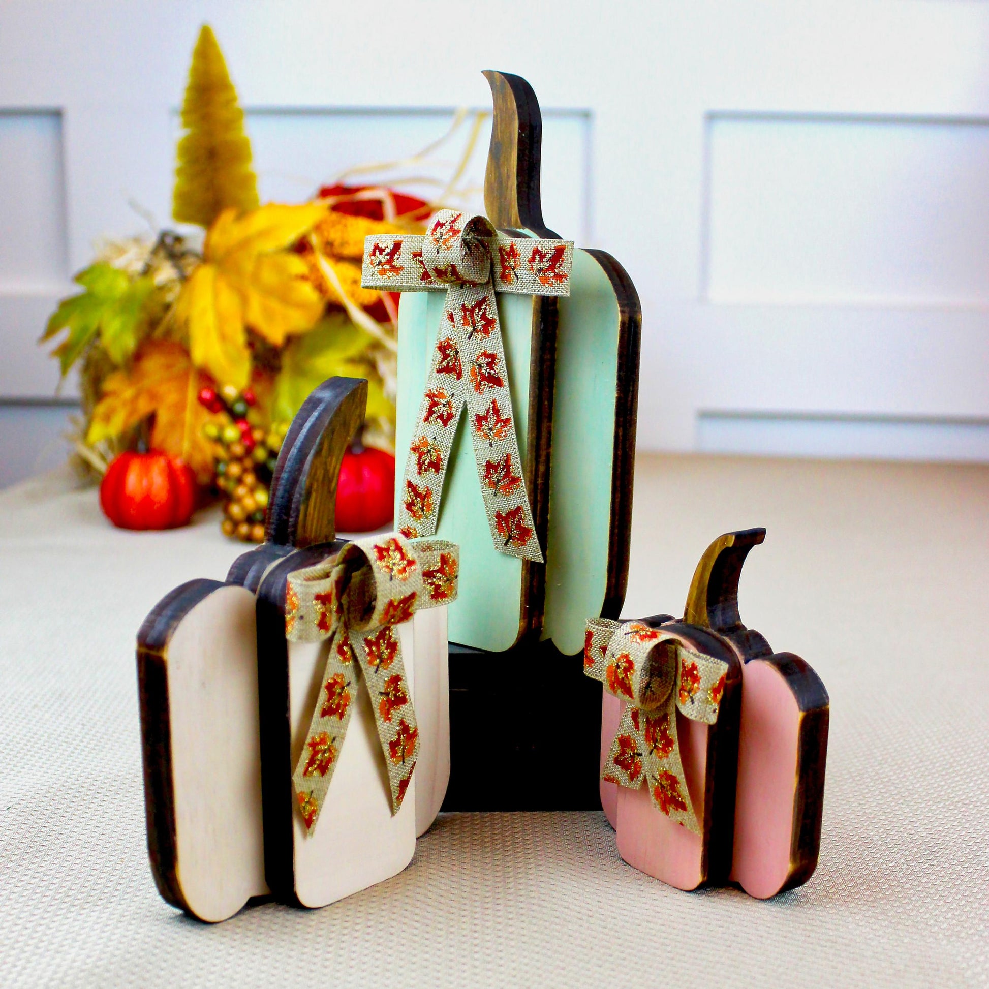 Set of 3 Pumpkin Shelf Sitters – Round or Straight Style, Personalized Fall Pumpkins, 1" Thick Wooden Mantel Decor, Soft, Cozy Autumn Charm