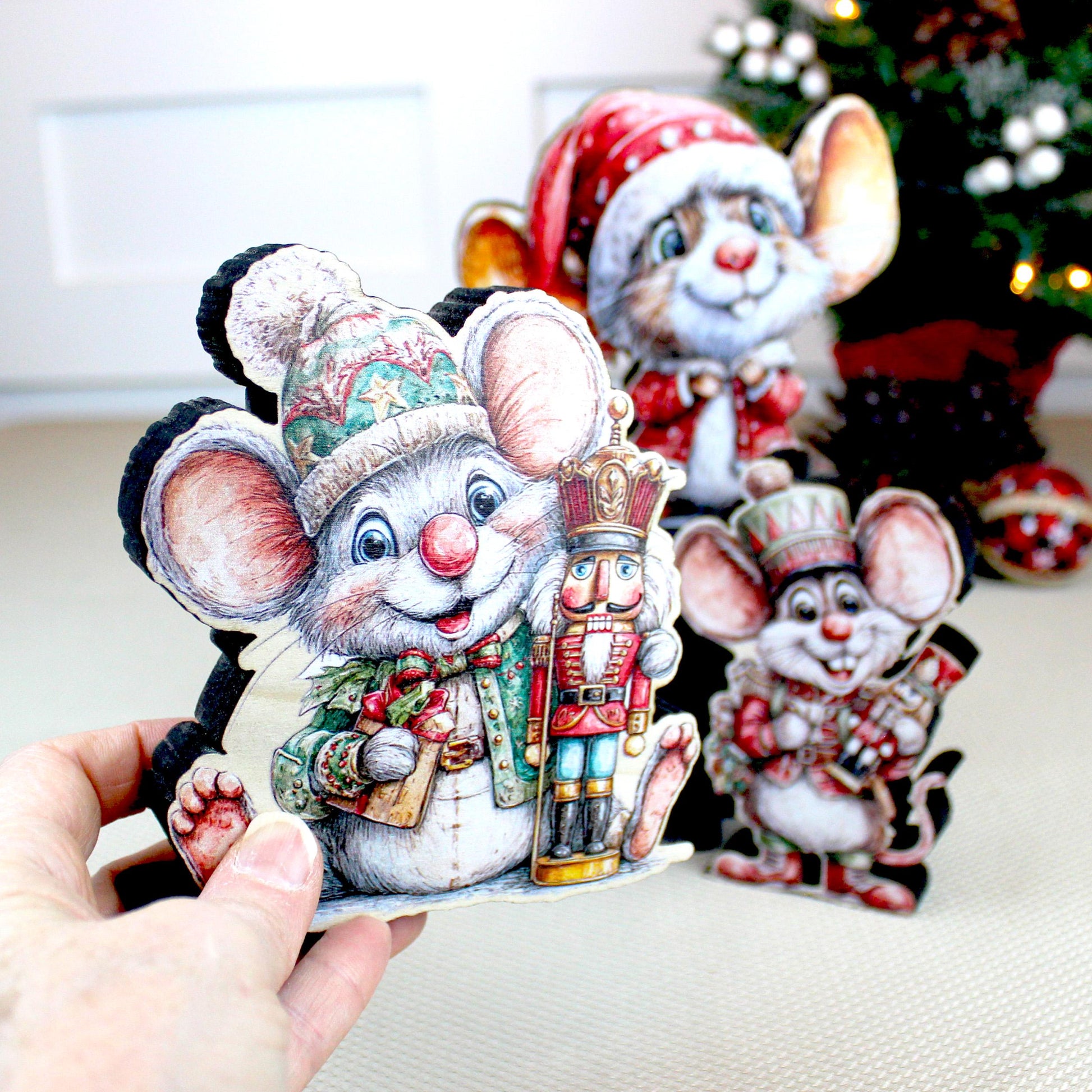 Christmas Mouse Shelf Sitters, Wooden Trio or Singles, Personalized Name, Nutcracker Holiday Mantel Decor. Tiny heroes - big personalities