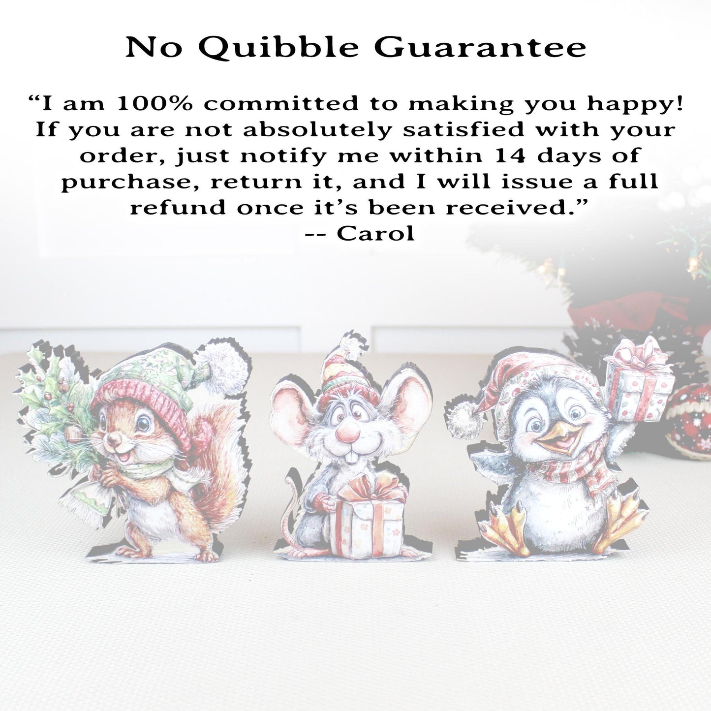 Christmas Shelf Sitters – Set of 3 Baby Critters Squirrel, Penguin & Mouse, Add Your Names, Holiday Mantel Decor. Whimsy that warms the room
