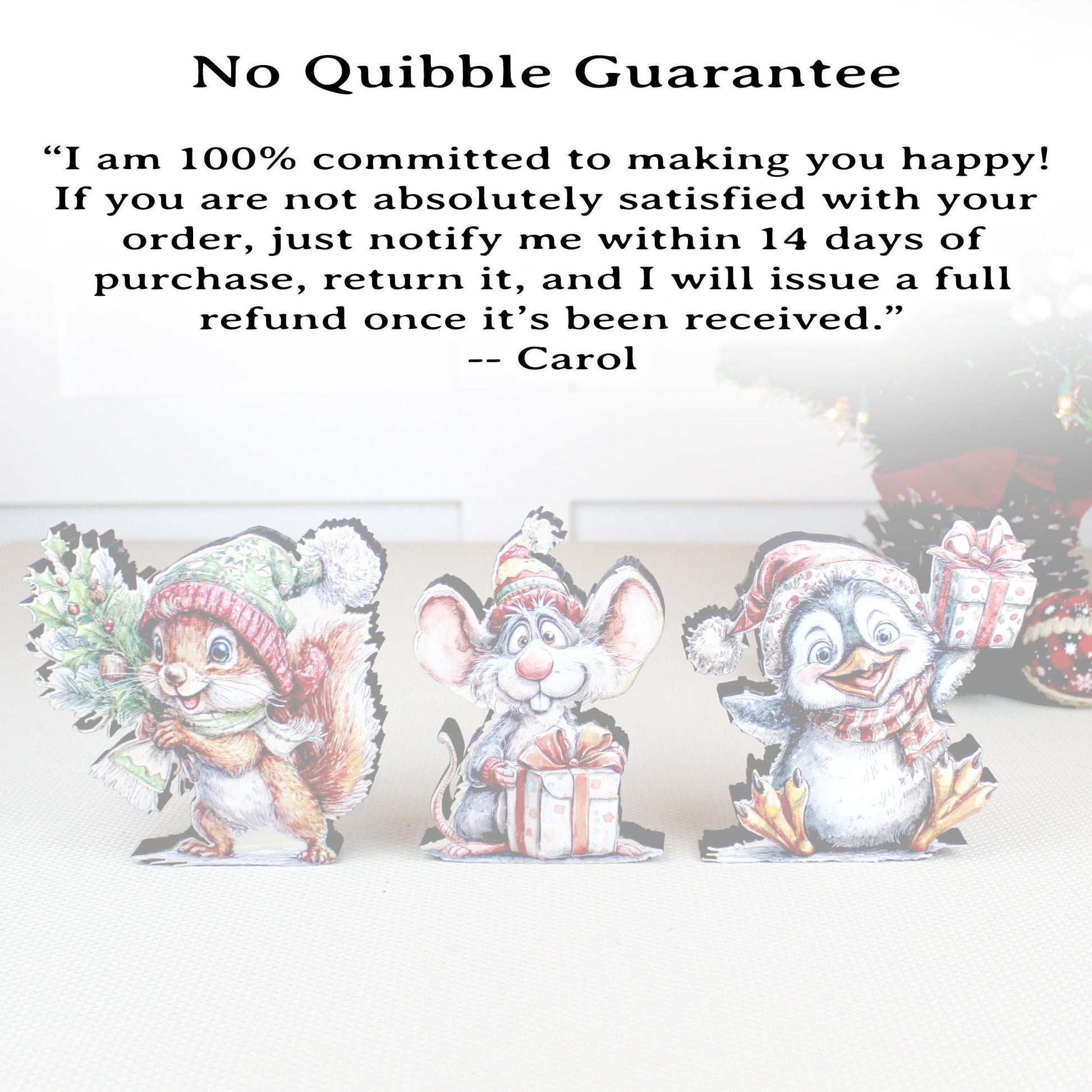 Christmas Shelf Sitters – Set of 3 Baby Critters Squirrel, Penguin & Mouse, Add Your Names, Holiday Mantel Decor. Whimsy that warms the room
