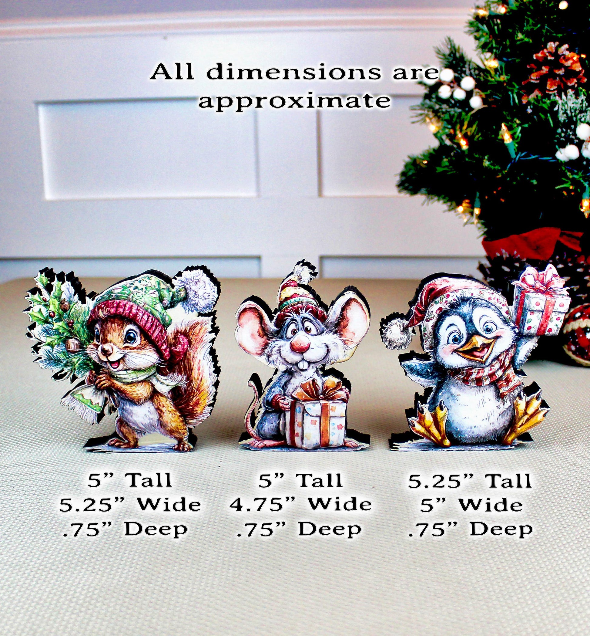 Christmas Shelf Sitters – Set of 3 Baby Critters Squirrel, Penguin & Mouse, Add Your Names, Holiday Mantel Decor. Whimsy that warms the room