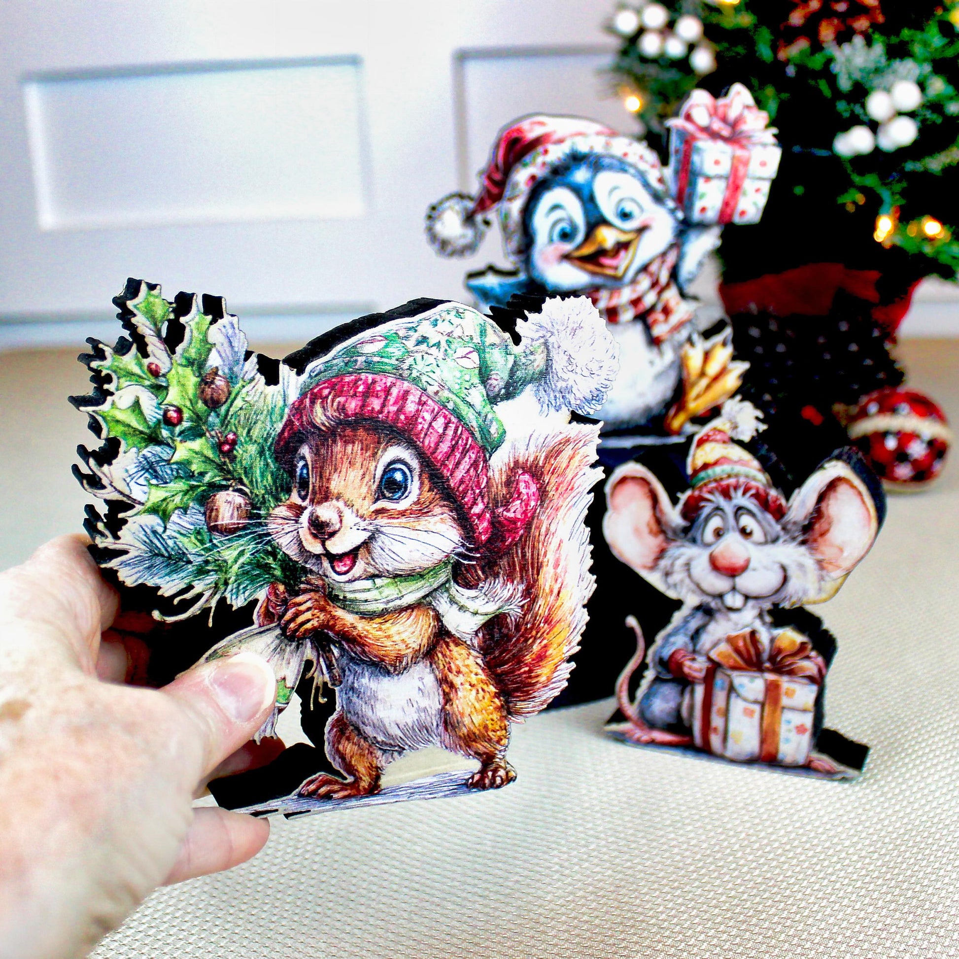 Christmas Shelf Sitters – Set of 3 Baby Critters Squirrel, Penguin & Mouse, Add Your Names, Holiday Mantel Decor. Whimsy that warms the room