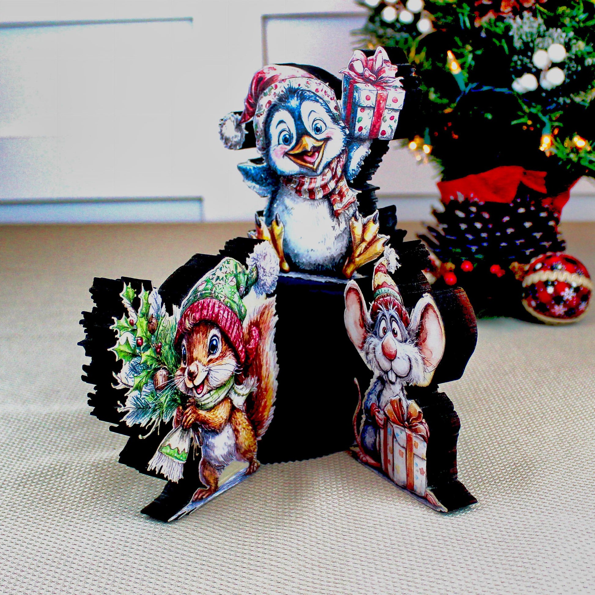 Christmas Shelf Sitters – Set of 3 Baby Critters Squirrel, Penguin & Mouse, Add Your Names, Holiday Mantel Decor. Whimsy that warms the room