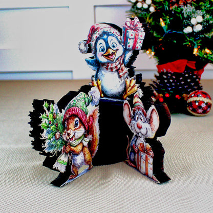 Christmas Shelf Sitters – Set of 3 Baby Critters Squirrel, Penguin & Mouse, Add Your Names, Holiday Mantel Decor. Whimsy that warms the room