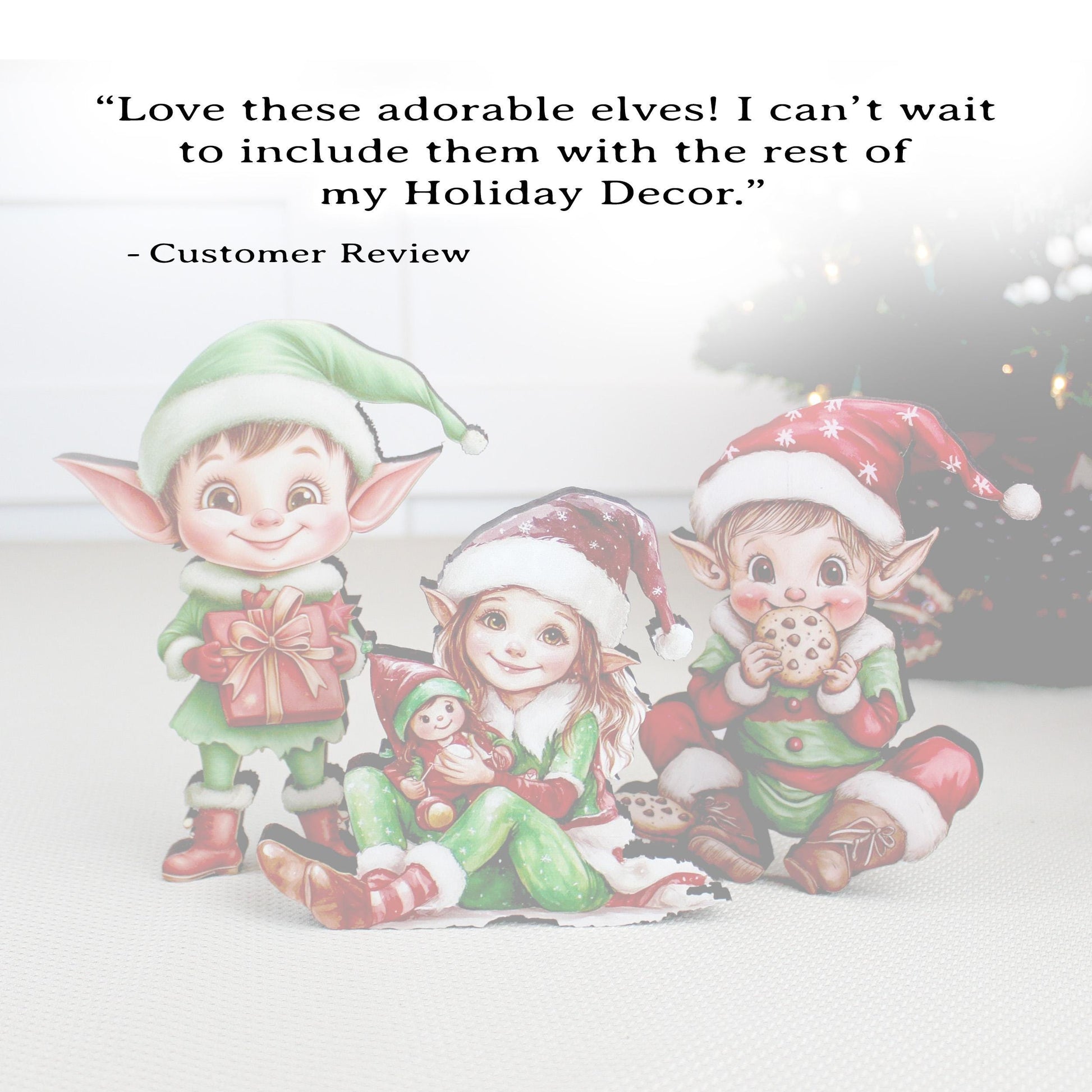 Set of 3 Christmas Elf Shelf Sitters, Wooden Holiday Mantel Decor. Three Merry Helpers, One Cozy Story