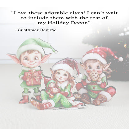Set of 3 Christmas Elf Shelf Sitters, Wooden Holiday Mantel Decor. Three Merry Helpers, One Cozy Story