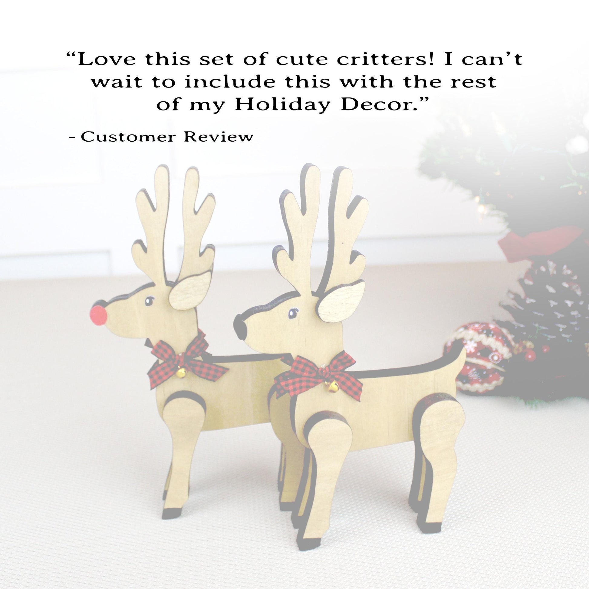 Reindeer Shelf Sitters Set of 2 – Personalized Wooden Pair with Buffalo Plaid Bows, Rustic Christmas Mantel Decor. Charming Christmas Magic