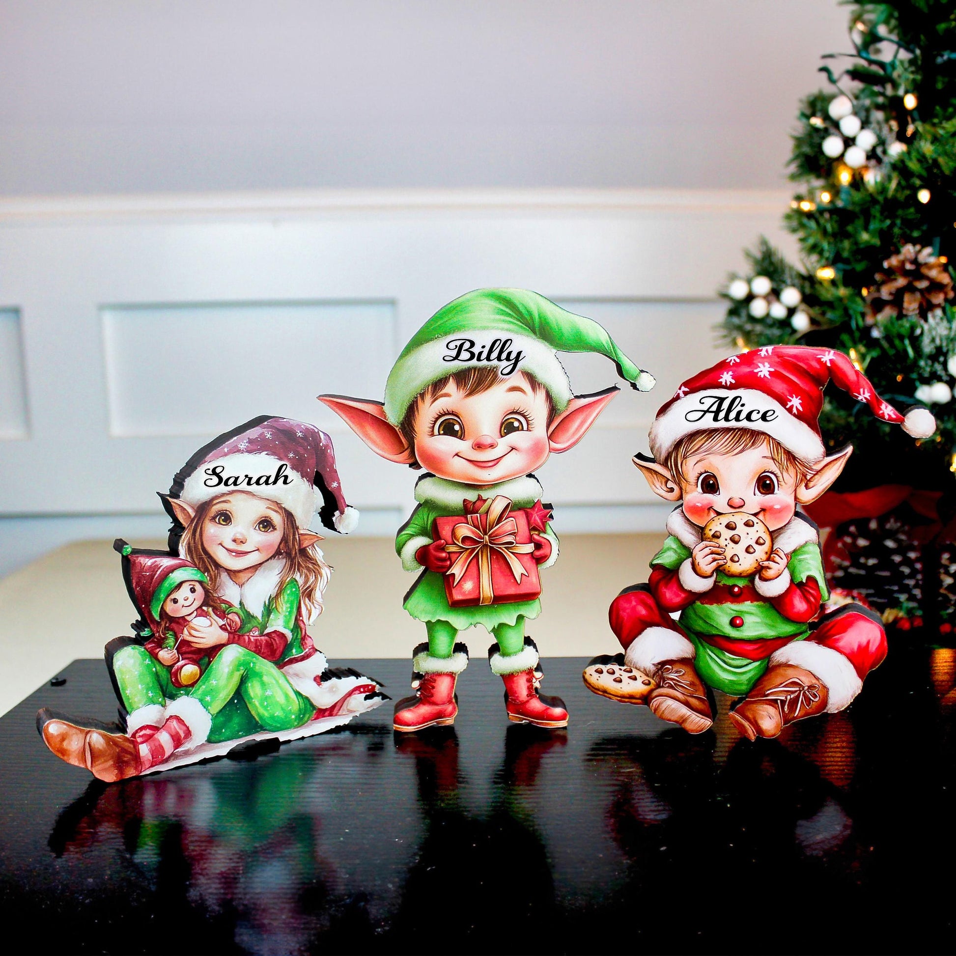 Set of 3 Christmas Elf Shelf Sitters, Wooden Holiday Mantel Decor. Three Merry Helpers, One Cozy Story