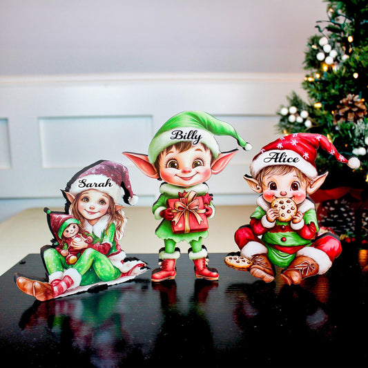 Set of 3 Christmas Elf Shelf Sitters, Wooden Holiday Mantel Decor. Three Merry Helpers, One Cozy Story