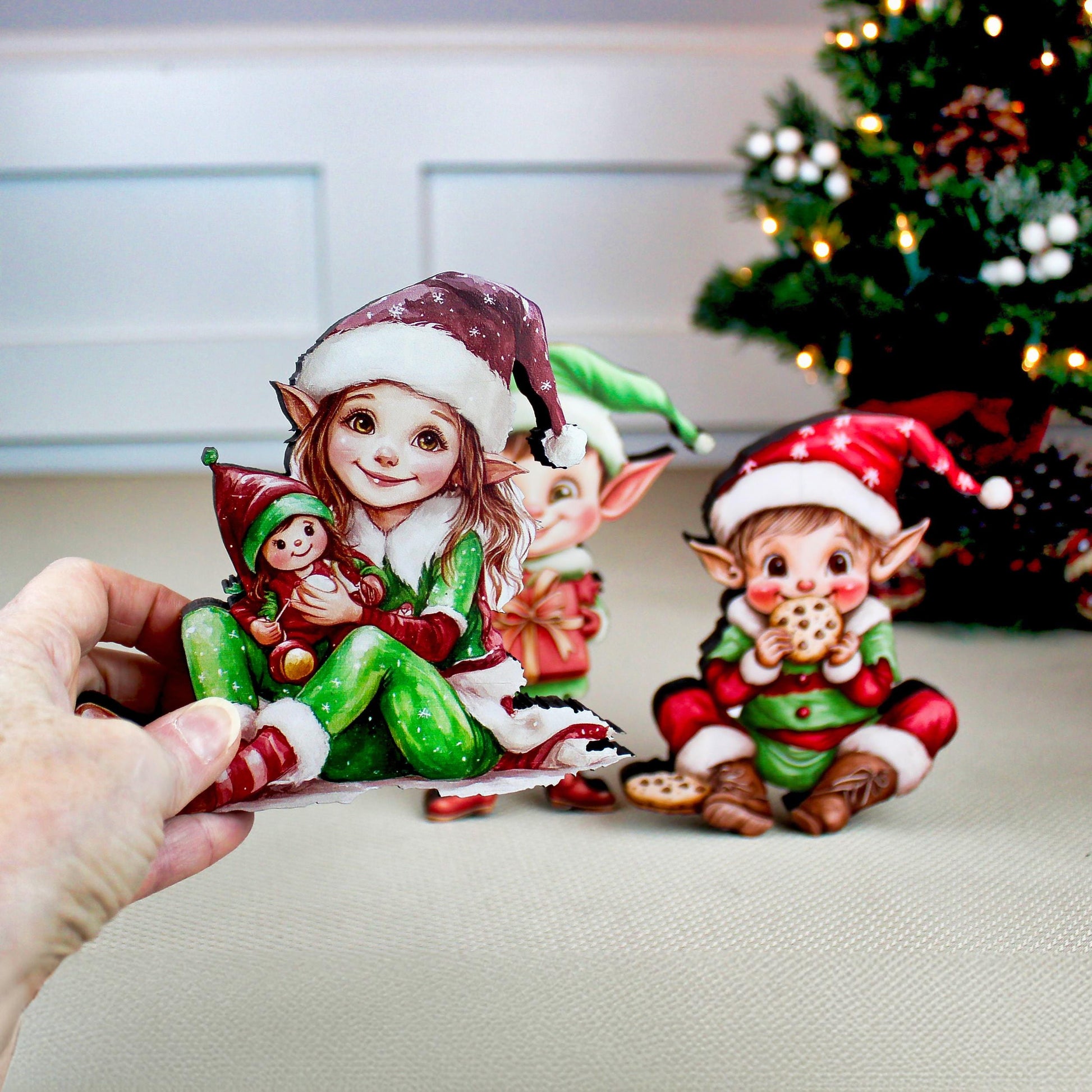 Set of 3 Christmas Elf Shelf Sitters, Wooden Holiday Mantel Decor. Three Merry Helpers, One Cozy Story