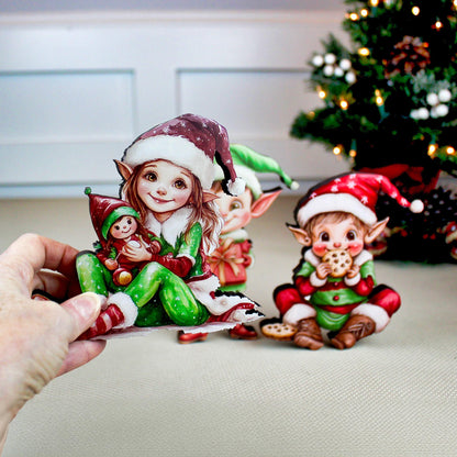 Set of 3 Christmas Elf Shelf Sitters, Wooden Holiday Mantel Decor. Three Merry Helpers, One Cozy Story