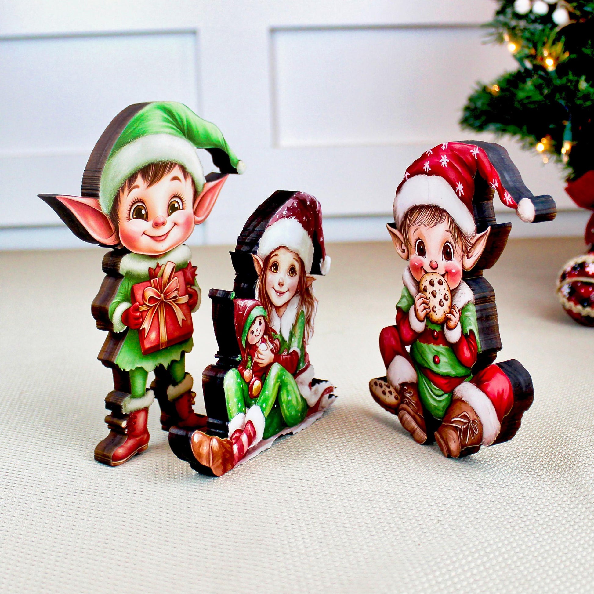 Set of 3 Christmas Elf Shelf Sitters, Wooden Holiday Mantel Decor. Three Merry Helpers, One Cozy Story