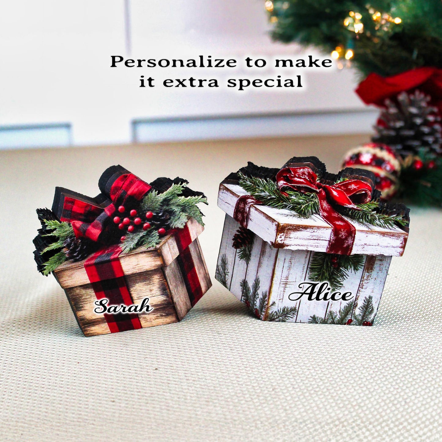 Christmas Gift Box Shelf Sitters – Set of 2, Multi-layered Rustic Buffalo Plaid or Whitewashed Greenery, “Gifts” That Unwrap Big Cozy Vibes