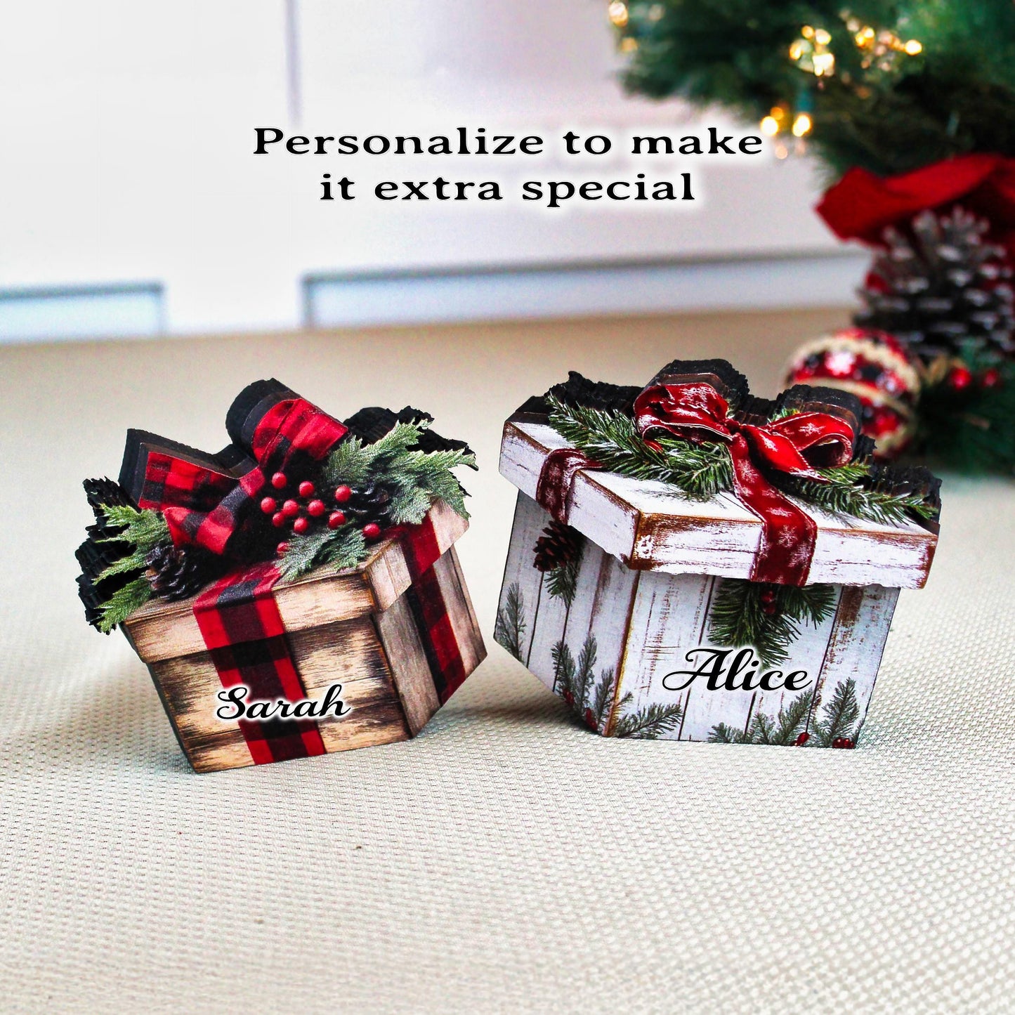 Christmas Gift Box Shelf Sitters – Buffalo Plaid & Whitewashed, Set of 2, Can be Personalized