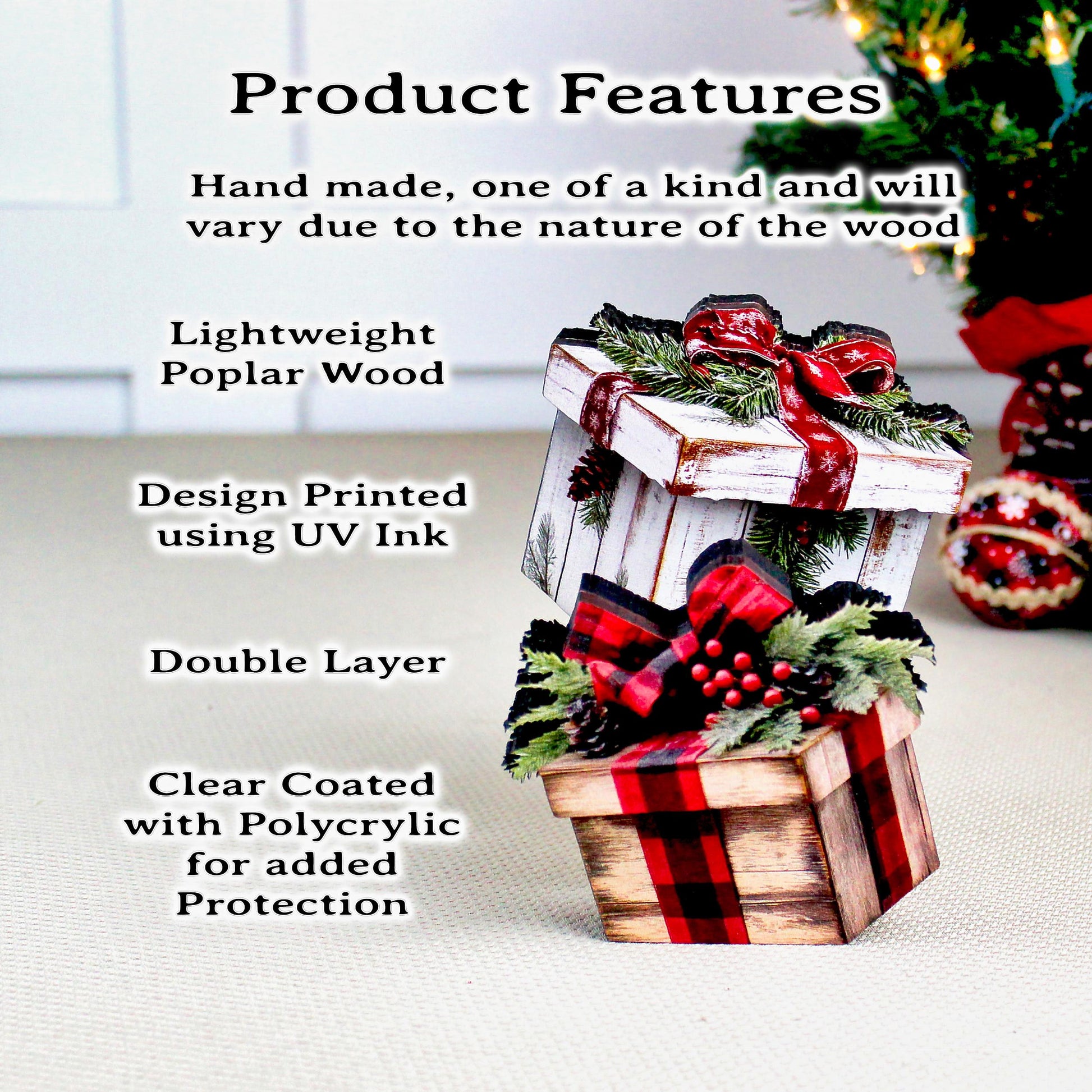 Christmas Gift Box Shelf Sitters – Set of 2, Multi-layered Rustic Buffalo Plaid or Whitewashed Greenery, “Gifts” That Unwrap Big Cozy Vibes