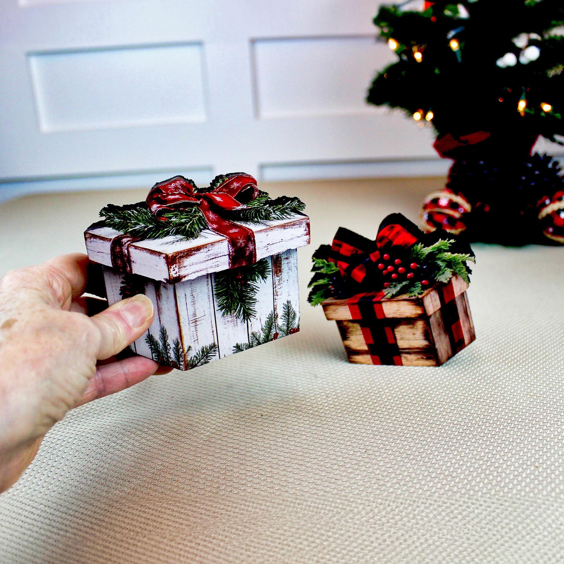 Christmas Gift Box Shelf Sitters – Set of 2, Multi-layered Rustic Buffalo Plaid or Whitewashed Greenery, “Gifts” That Unwrap Big Cozy Vibes