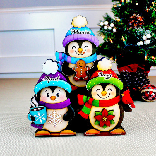 Christmas Penguin Shelf Sitters – Set of 3, Single or Multi-Layer, Personalized Names, Holiday Mantel Decor, Three Waddlers = Winter Joy