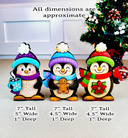 Christmas Penguin Shelf Sitters – Set of 3, Single or Multi-Layer, Personalized Names, Holiday Mantel Decor, Three Waddlers = Winter Joy