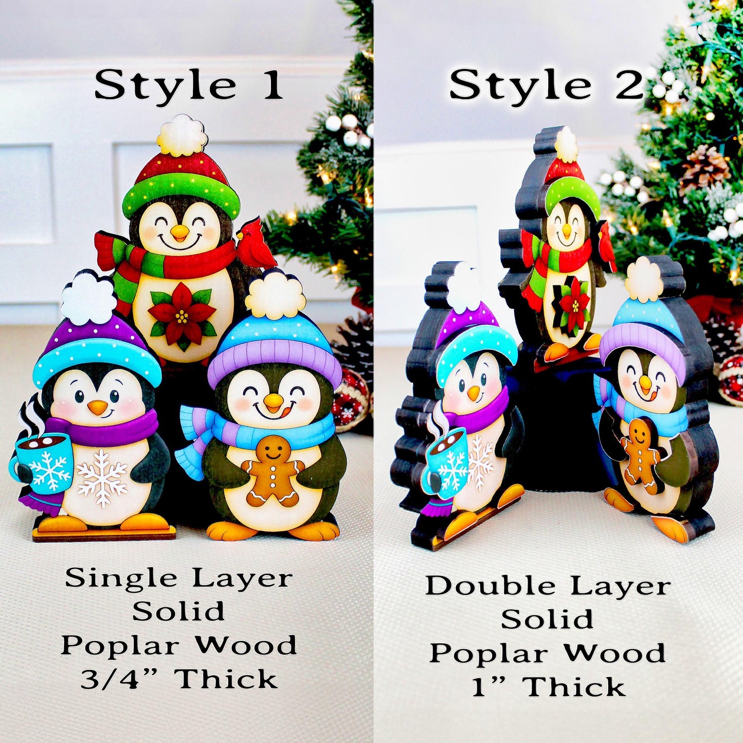Christmas Penguin Shelf Sitters – Set of 3, Single or Multi-Layer, Personalized Names, Holiday Mantel Decor, Three Waddlers = Winter Joy