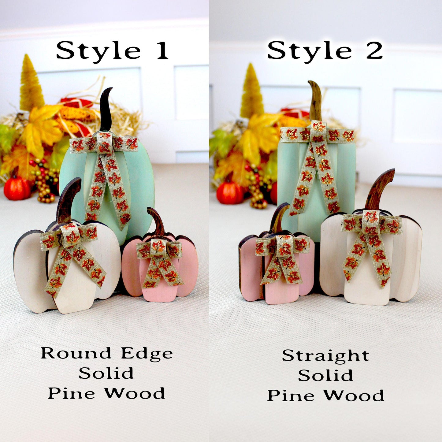 Set of 3 Pumpkin Shelf Sitters – Round or Straight Style, Personalized Fall Pumpkins, 1" Thick Wooden Mantel Decor, Soft, Cozy Autumn Charm